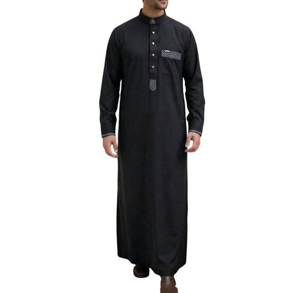 Mens Solid Arabic Thobe Traditional Middle Eastern Muslim Robe Long Sleeve Comfortable Daily Wear Ankle Length Black L