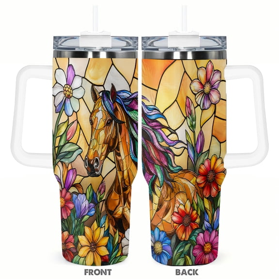 40oz Stained Glass Horse Floral Tumbler with Handle and Straw Fantasy Art Travel Cup Insulated Cup Gift for Women Horse Lover