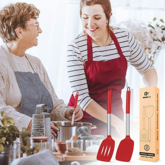 Clearance Cooking Utensils under $6 Pack Of 2 Silicone Solid Turner Non Stick Slotted Kitchen Spatulas High Heat Cooking Utensils Ideal Cookware For Fish Eggs Pancakes