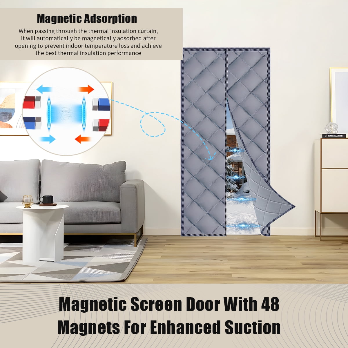 Winter Insulated Door Curtains Magnetic Thermal Insulated Door Cover Upgraded Oxford Cloth for Winter/French/Patio/Sliding Glass Doors Grey 34"x 83"