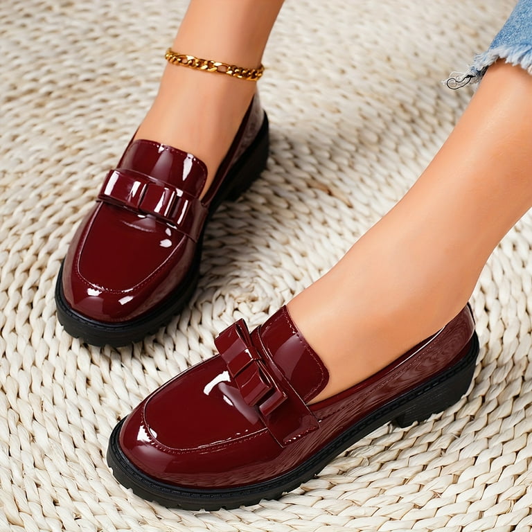 Women s Solid Color Round Toe Bow Flat Shoes Patent Leather Shoes All match Slip On Loafers