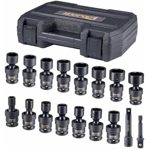 3/8" Shallow Universal Wobble Socket, Impact Swivel Socket Set, 17pcs, CR-MO, Metric (8-22mm), 6-Point with Extension Bar, 1/4" Hex Shank, and Storage Case