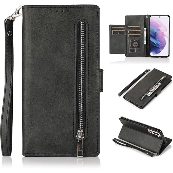 Wallet Case for Samsung Galaxy S22 Series, 5 Card Slots Protective Case Magnetic Closure Zipper Pocket Handbag PU Leather Flip Folio Case with Wrist Strap TPU Kickstand Full Protection Cover