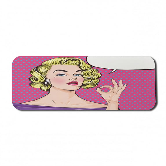 Vintage Computer Mouse Pad, Pop Art Blonde Woman Making OK Sign on Dotted Background Retro Comic Book Design, Rectangle Non-Slip Rubber Mousepad Large, 31" x 12" Gaming Size, Multicolor, by Ambesonne