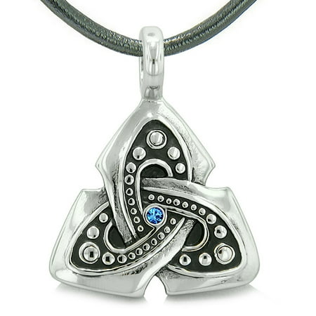 - Ancient Viking Celtic Triquetra Knot Amulet Protection Powers Royal Blue Crystal Pendant Leather Necklace