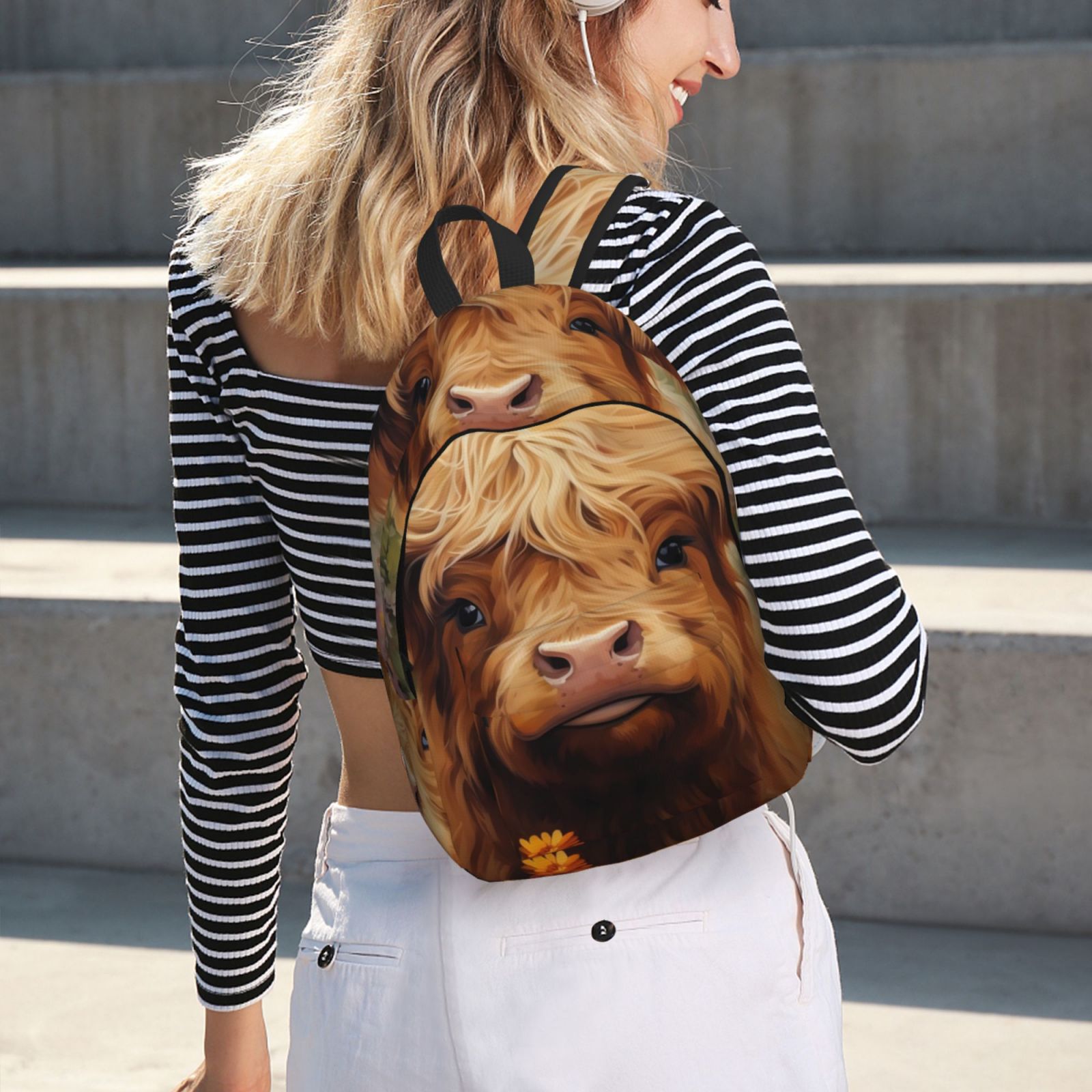 Ratiio Cute Floral Cow Print Canvas Backpack for Women & Men Retro Aesthetic Rucksack Basic Backpack for High School/College Students Travel Laptop Bag
