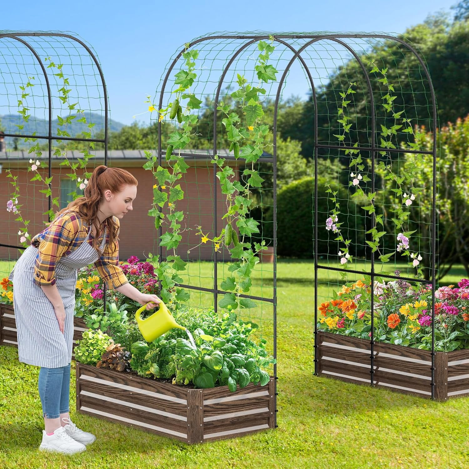 Slsy Galvanized Raised Garden Bed with 87in Tall Garden Trellis Metal Plant Support Trellis Archway for Vegetables Flowers Herbs,Wood Grain