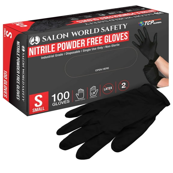 Salon World Safety Black Nitrile Disposable Gloves, Box of 100, Size Small, 4.0 Mil Thick - Latex Free, Powder Free, Textured Tips, Food Safe, Comfortable, Extra-Strong Protective Working Gloves