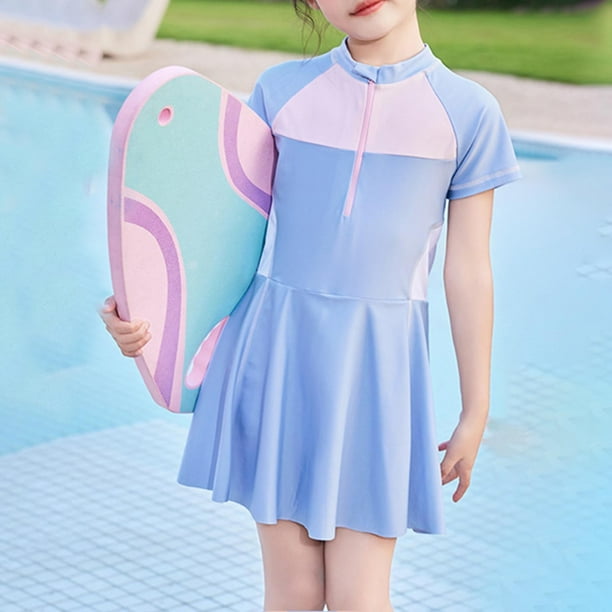 Odeerbi 2-8 Años Traje de Baño de Una Pieza Para Niñas Vestido de Baño de Verano Con Shorts Traje de Baño de Playa Color Sólido Traje de Baño de Manga Corta Con Media Cremallera