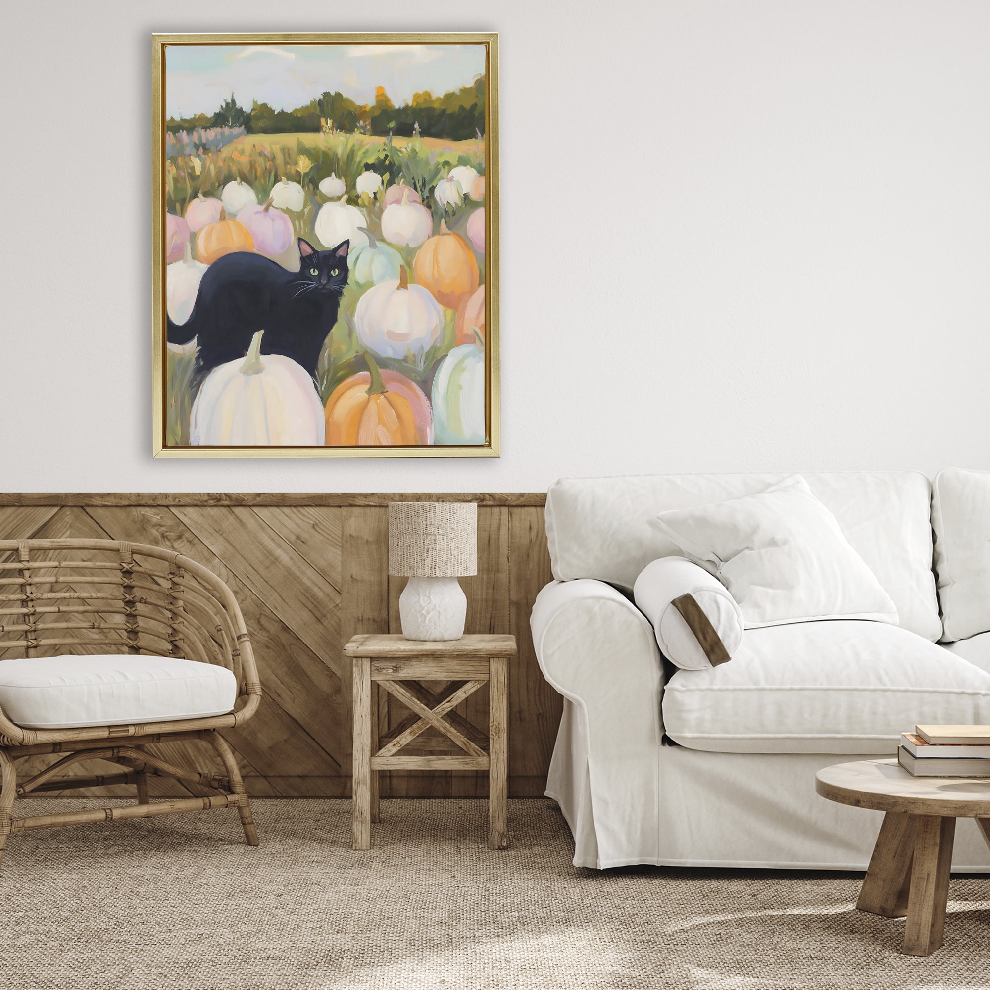 Stupell Industries Kitten & Pumpkins in Field Gold Framed Floater Canvas Wall Art, design by The Prints Vibe