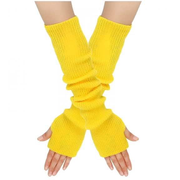 BESTSKY Women Winter Wrist Arm Warmer Solid Knitted Long Fingerless Gloves Mitten Yellow Free Size