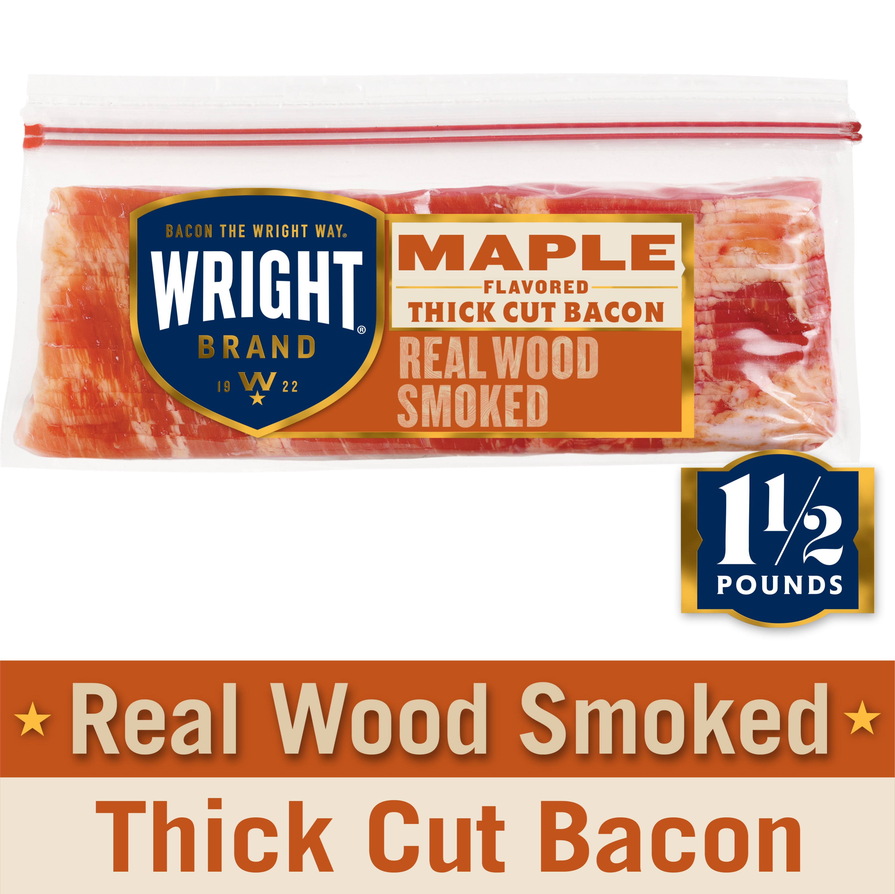 Wright Brand Thick Sliced Hickory Smoked Maple Flavored Bacon, 1.5 lb