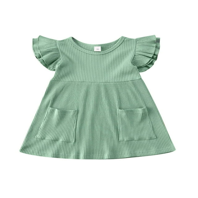 Robe Fille Bébé Enfant Manches à Volants Poche Longueur Genou Robe Trapèze