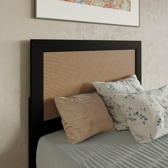 Castle Place Classic Rattan Twin Wooden Headboard, Black