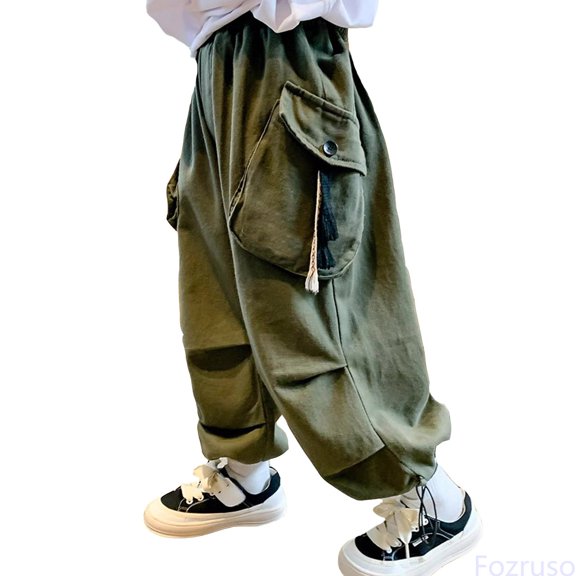 Fozruso Boys Kids Personality Casual Cargo Pants Solid Color Loose Sweatpants Trousers For Sports Activewear School Uniform Pants Sizes 4-5 Years(Green)