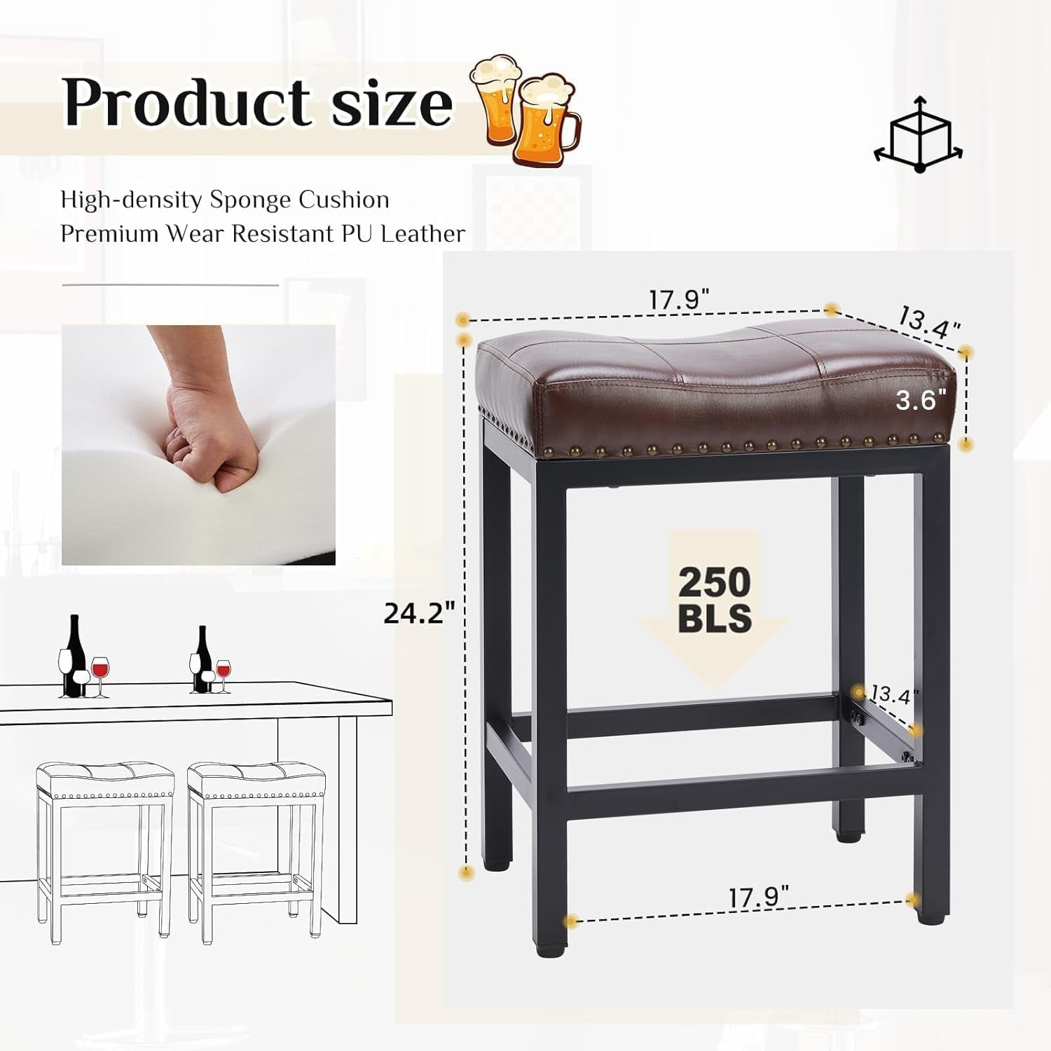 24" Backless Bar Stools, Set of 4 Counter Height Bar Stools, Leather Saddle Counter Stool, Brown
