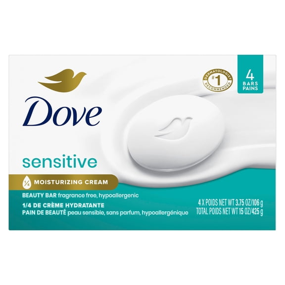 Dove Beauty Bar Soap For Sensitive Skin, Sensitive, Fragrance Free And Hypoallergenic, 3.75 oz 4 Bars