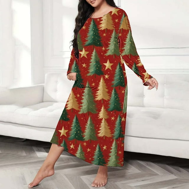 siminseming Chemises de Nuit de Noël pour Femmes & Chemises de Nuit Grande Taille Robe de Nuit Décontractée Imprimé Nœud Papillon Manches Longues Col Rond Extensible Vêtements & Accessoires