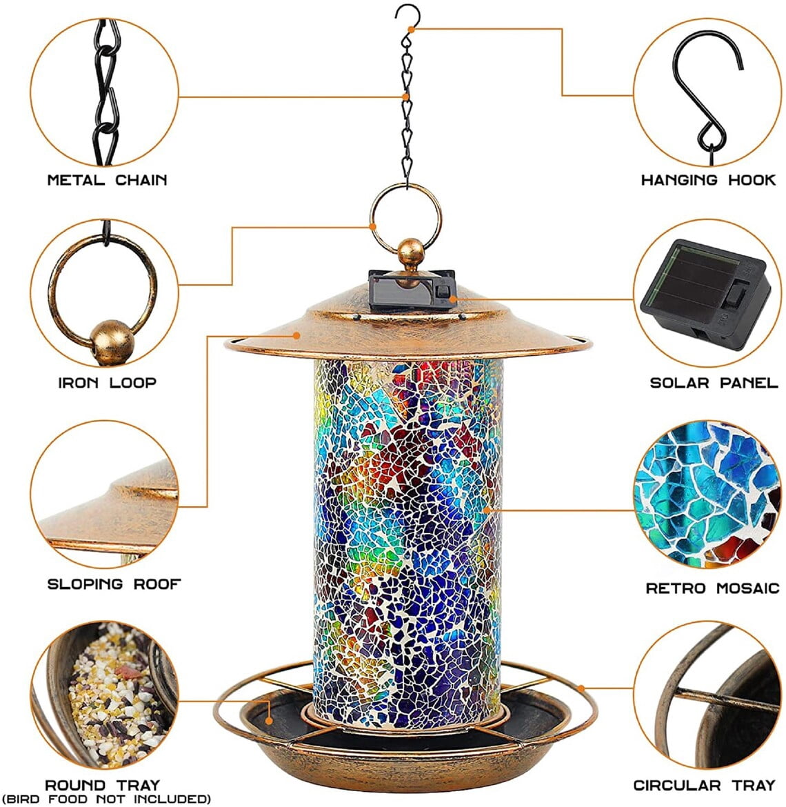 EpicGadget Outdoor Wild Birds Feeder with Fairy Solar Lights Hanging for Outside, Mosaic Lantern Design Solar Birdfeeders Hanging Lantern for Garden Yard Outdoor Decoration, Gift Ideas for Bird Lovers