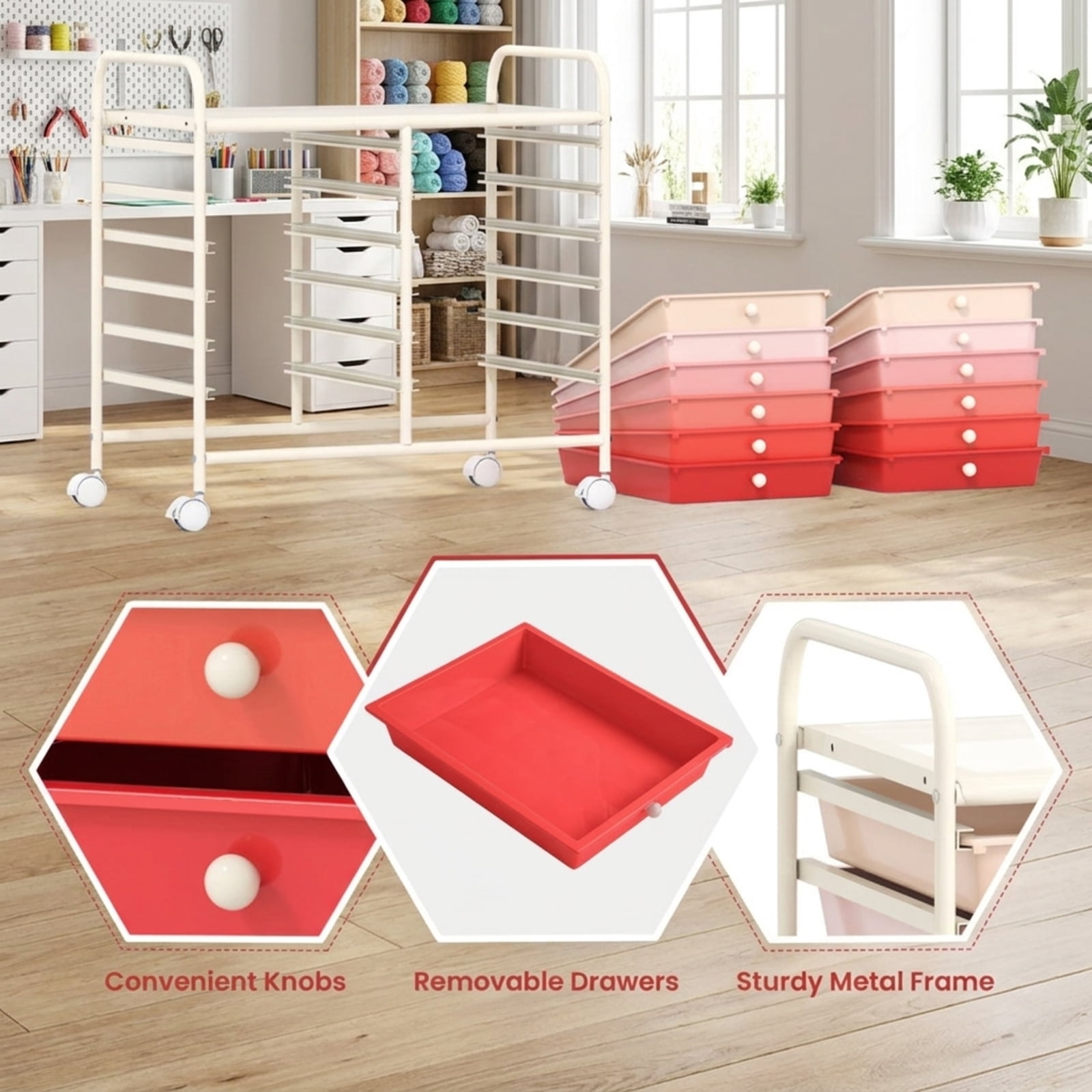 Furnibear 12 Drawers Rolling Storage Cart for Home and Office Multi Organizer for Craft Room Classroom, Pink