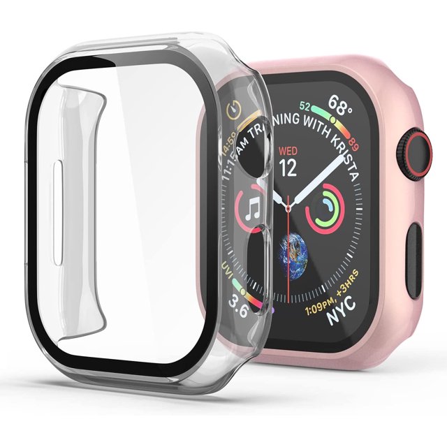 2 Pack Tempered Glass Screen Protector Case Compatible with Apple Watch Series 8/7 45mm,Hard PC Full Coverage Bumper Protector Cover for iWatch 45mm Accessories,Clear+Rose Gold