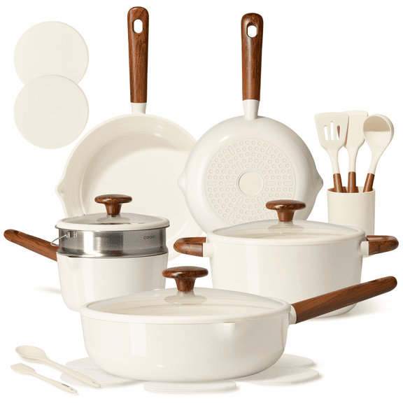 CAROTE 21-Piece Ceramic Cookware Set, Nonstick Pots and Pans with Steamer, Induction Compatible, White