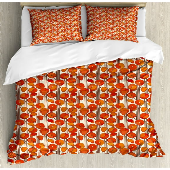 Ambesonne Floral Duvet Cover Set, Poppies Retro Spring, Queen, Orange and Ivory