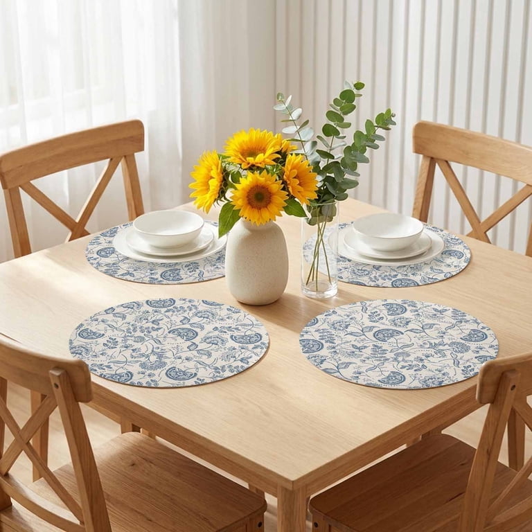 Placemats Set of 4,Pastoral Abstract Blue Flower on Flax PU Place Mats ...