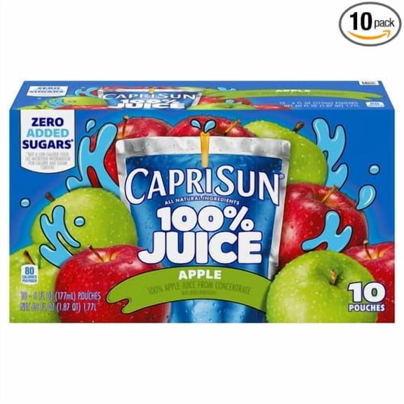 Pack of 1 Capri Sun 100% Juice Apple All-Natural Juice from Concentrate with added ingredients, 10 ct Box, 6 fl oz Pouches