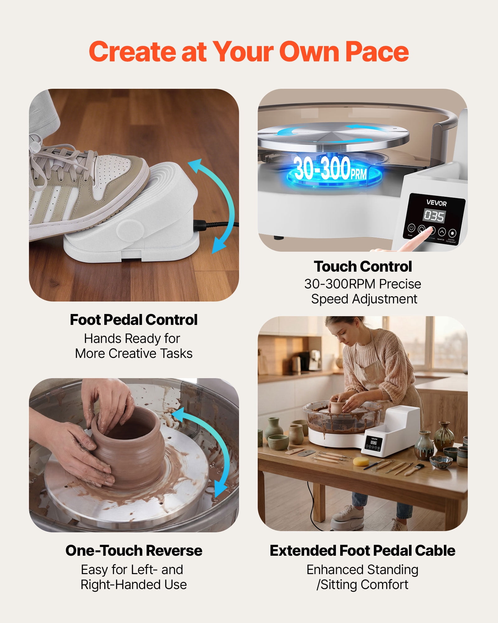 VEVOR Pottery Wheel for Adults, 14" and 11" Turntables, 450W Electric Table Top Pottery Wheel with Foot Pedal, 30-300 RPM Adjustable Speed, Detachable Basin, for Beginners, DIY Clay Art Craft, White
