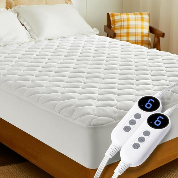 Heated Mattress Pad Cal King Size Dual Control, Fast Heating Bed Warmer, Electric Mattress Pad Cover with Deep Pocket 9 Heat Settings, 10 H Auto Shut Off, Machine Washable, White 72"*84"