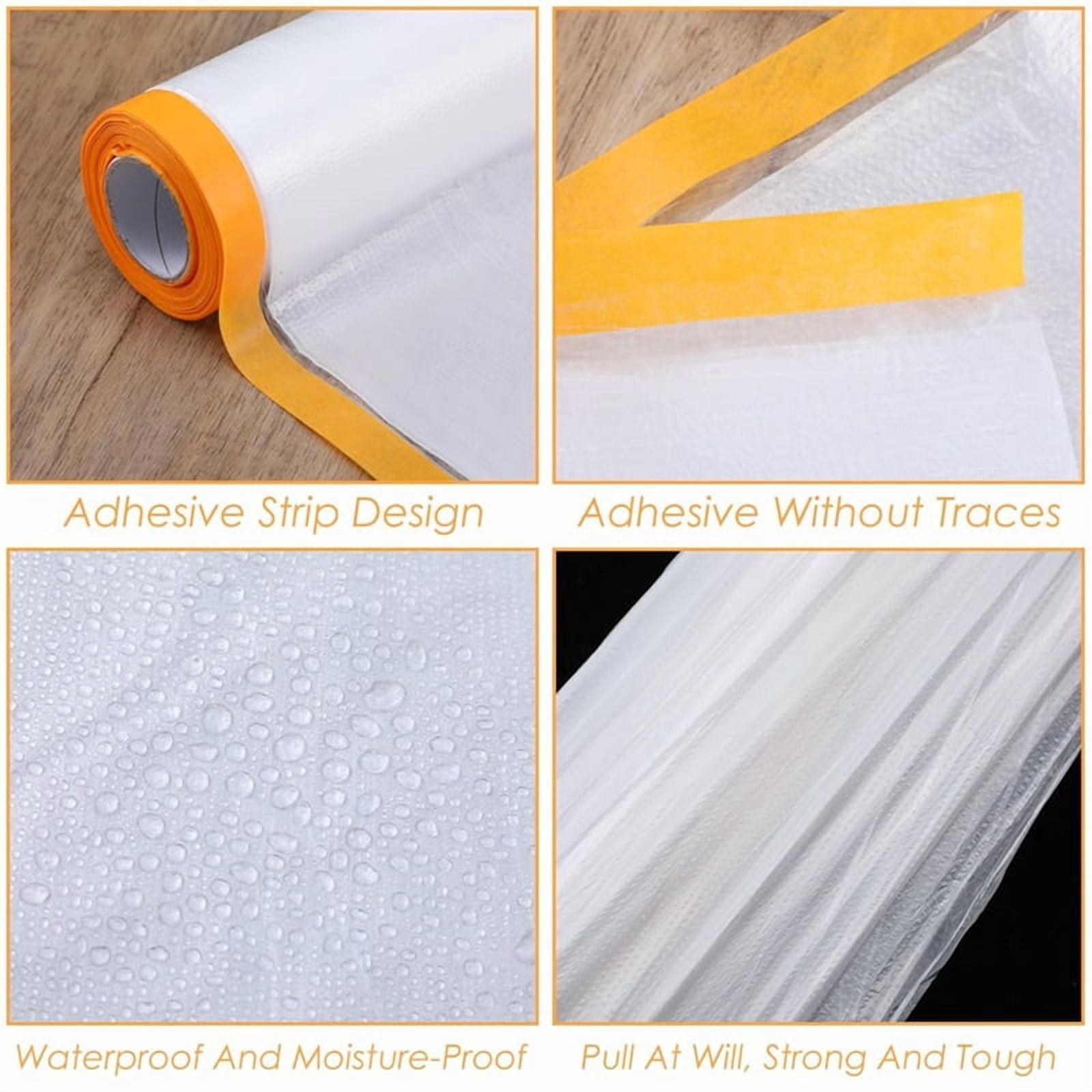 6 Rolls Painters Plastic with Tape, Pre-Taped Masking Film, Automotive Best Tape and Drape,for Covering Skirting