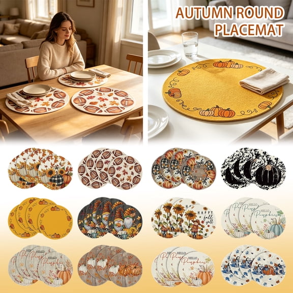 Round Table Placemats 14 Inch Diameter, Fall Table Decorations, Rustic Farmhouse Decor, Black and White Pumpkins, Printed with Orange Pumpkins, Sunflowers and Fall Leaves,