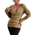 thumbnail image 2 of Duoif Sweaters for Women Trendy Women's Fall and Winter Solid Color V Neck Comfort Fit Knit Off The Shoulder Casual Pullover Sweater Women's Sweaters Womens Tops Khaki S, 2 of 8