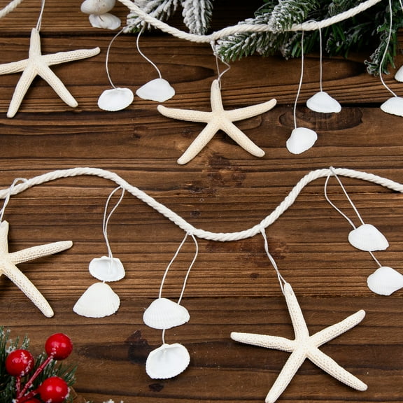 Sinkoo Starfish Sea Shells Garland, 6.56ft Beach Theme Decor Natural Starfish Garland, Hanging Seashells Home Decor for Beach Coastal Party Wedding Wall Mantel Window Tray Decor