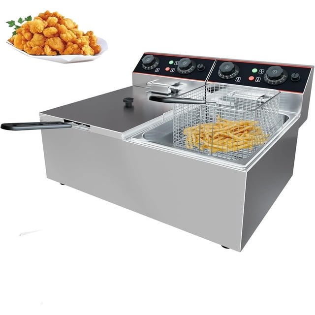 Bingirl Stainless Steel Commercial Deep Fryer 6 L-Countertop Electric Oil Fryer with Detachable Basket and Lid Adjustable Temperature Control for Home and Restaurant Use with Double Basket