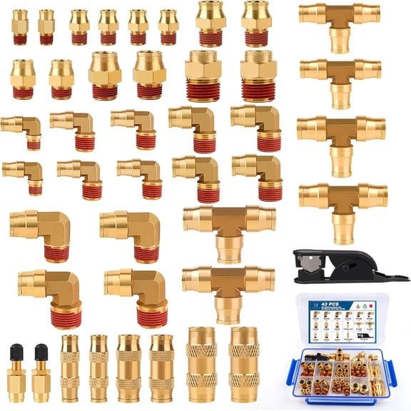 43 PCS Brass DOT Air Line Fittings Kit 1/4" 3/8" 1/2" 1/8" for Truck Air System