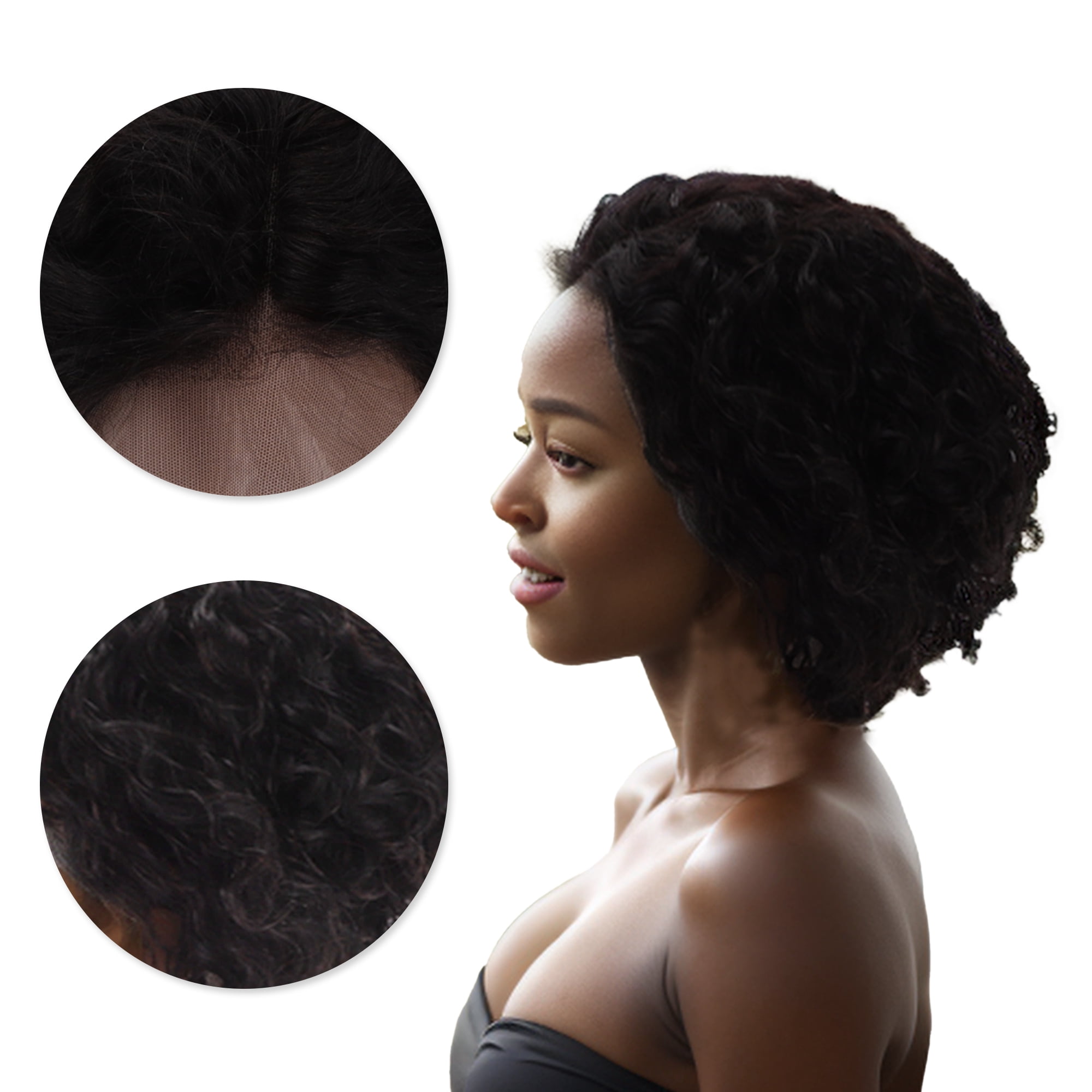 Unique Bargains 1 Pc Medium Wave Curly Hair Hair Wig Real Human Hair 6in 13x4in 150 Human Wig Black for Women