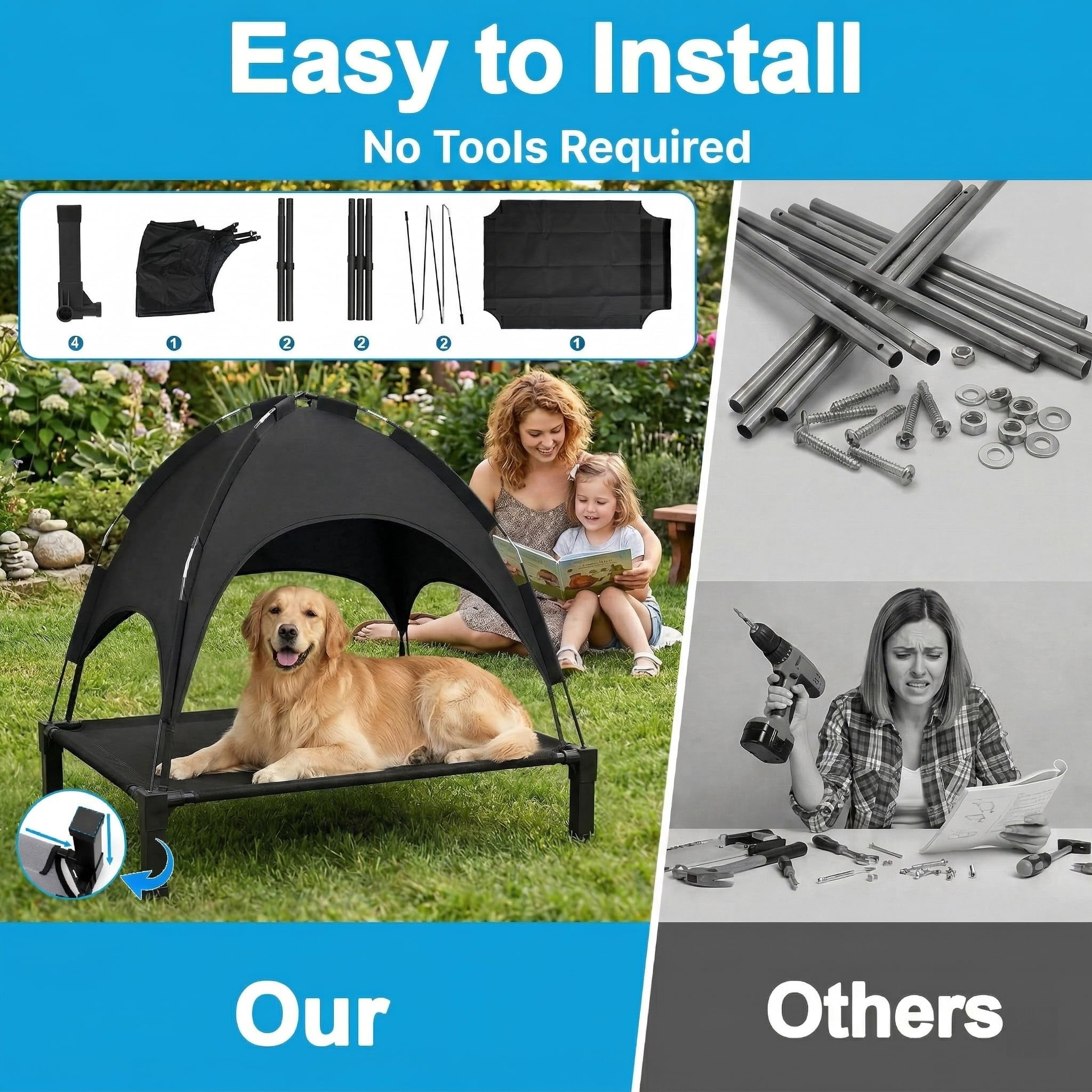 Elevated Dog Bed With Raised Pet For Large Dogs  Outdoor Removable Sun Shade Tent Breathable Mesh Portable Camping Beach Backyard Use