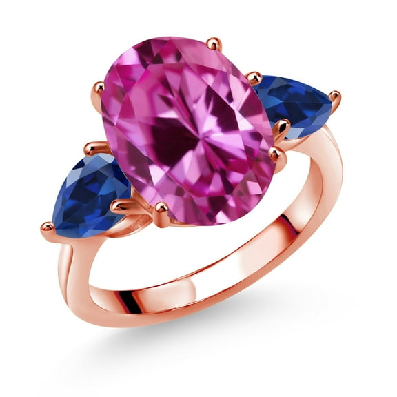 18K Rose Gold Plated Silver Pink Created Sapphire and Blue Created Sapphire Ring for Women (8.00 Cttw, 14X10MM Oval and 7X5MM Pear Shape, Gemstone September Birthstone, in Size 5, 6, 7, 8, 9)