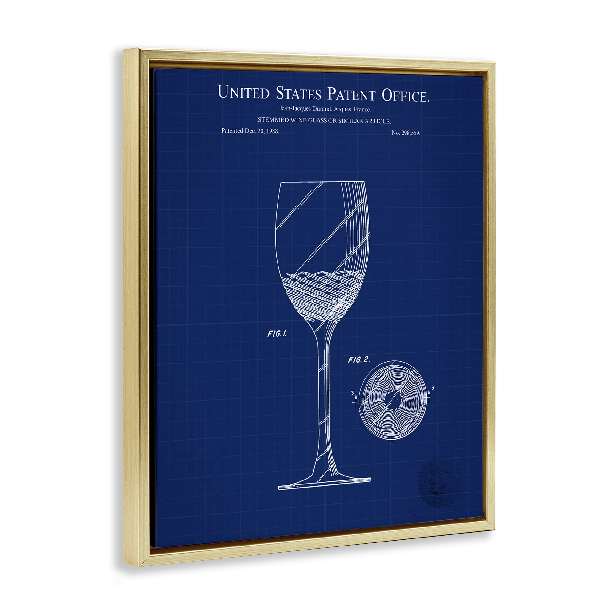 Stupell Industries Wine Glass Blueprint Typography Painting Gold Floater Framed Art Print Wall Art, 25 x 31