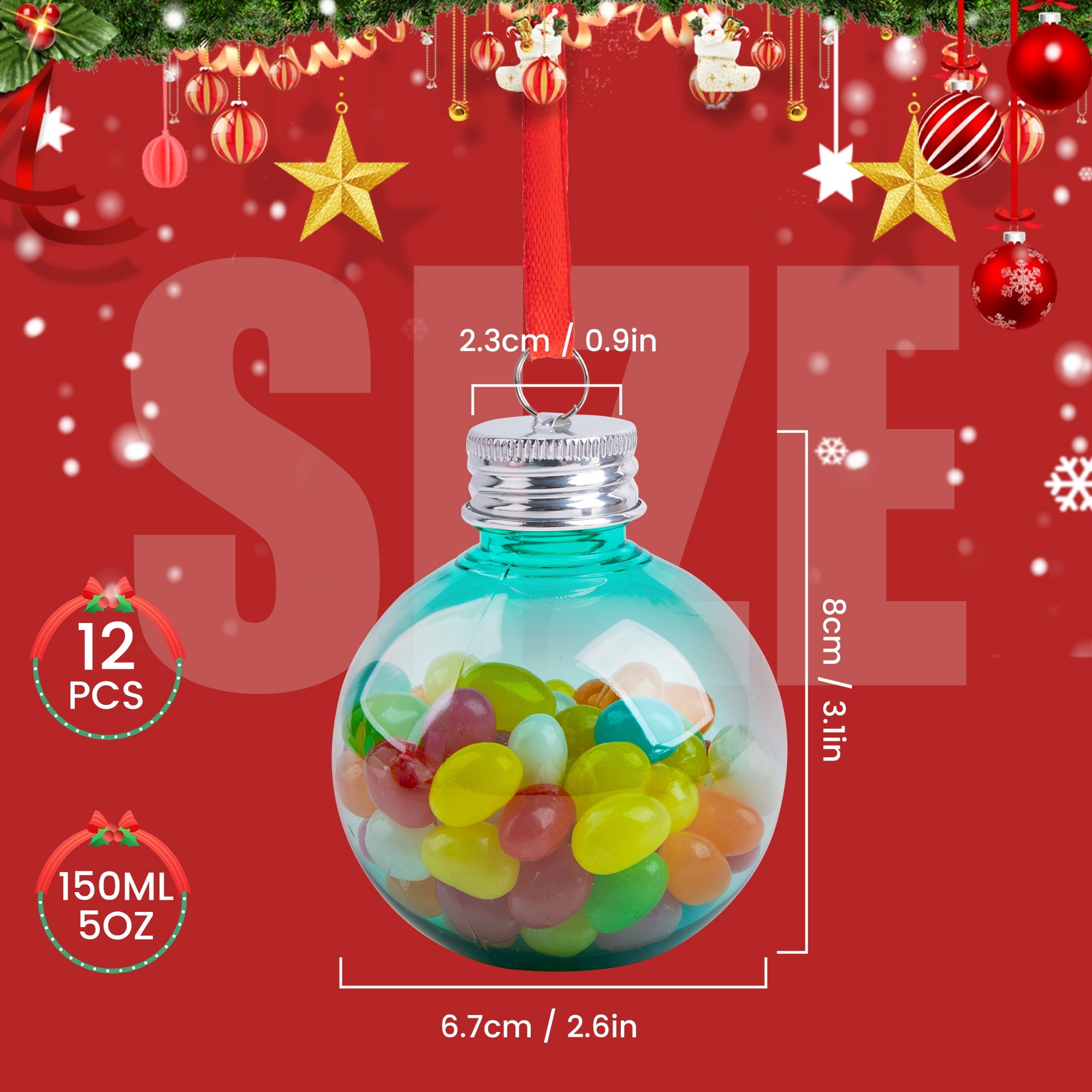 12 Pack Fillable Christmas Ornament Balls for Drinks, 5 oz Plastic Bulb Ornaments for Tree Hanging Decor, Holiday Gifts and Stocking Stuffers