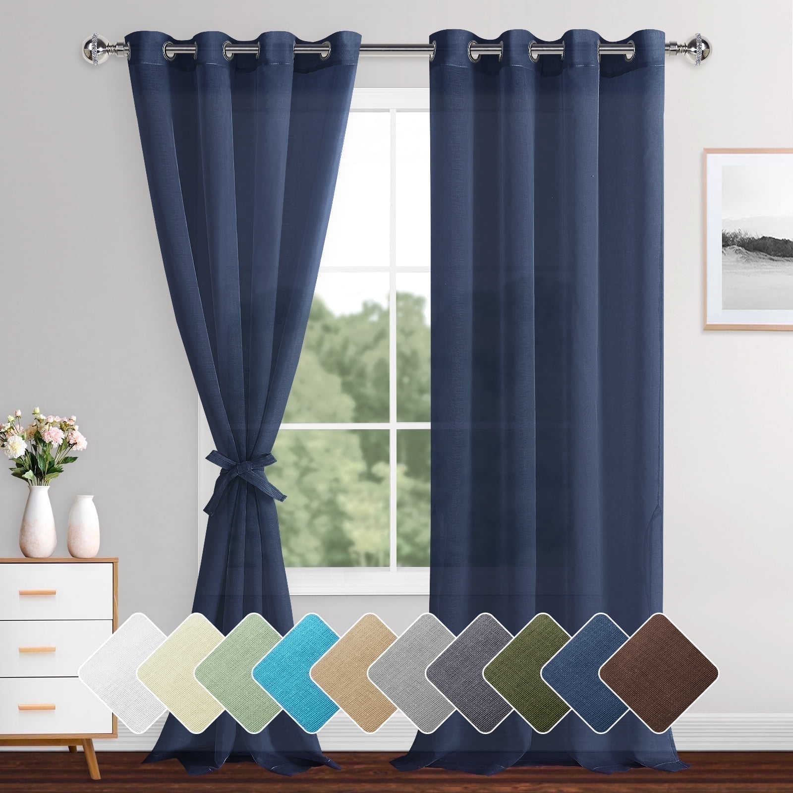 XWZO, Navy Blue Sheer Curtains, W52 x L84, 2 Panels Set - Walmart.com