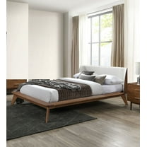 Bedroom Furniture Wingback Edge Design Platform Bedframe 1pc Queen Size Bed Walnut Solidwood Beige Fabric HB