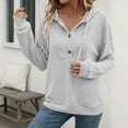 thumbnail image 2 of HAiming Womens Hoodies Casual Button V Neck Long Sleeve Pullover Solid Color Hooded Sweatshirt with Pocket, 2 of 8