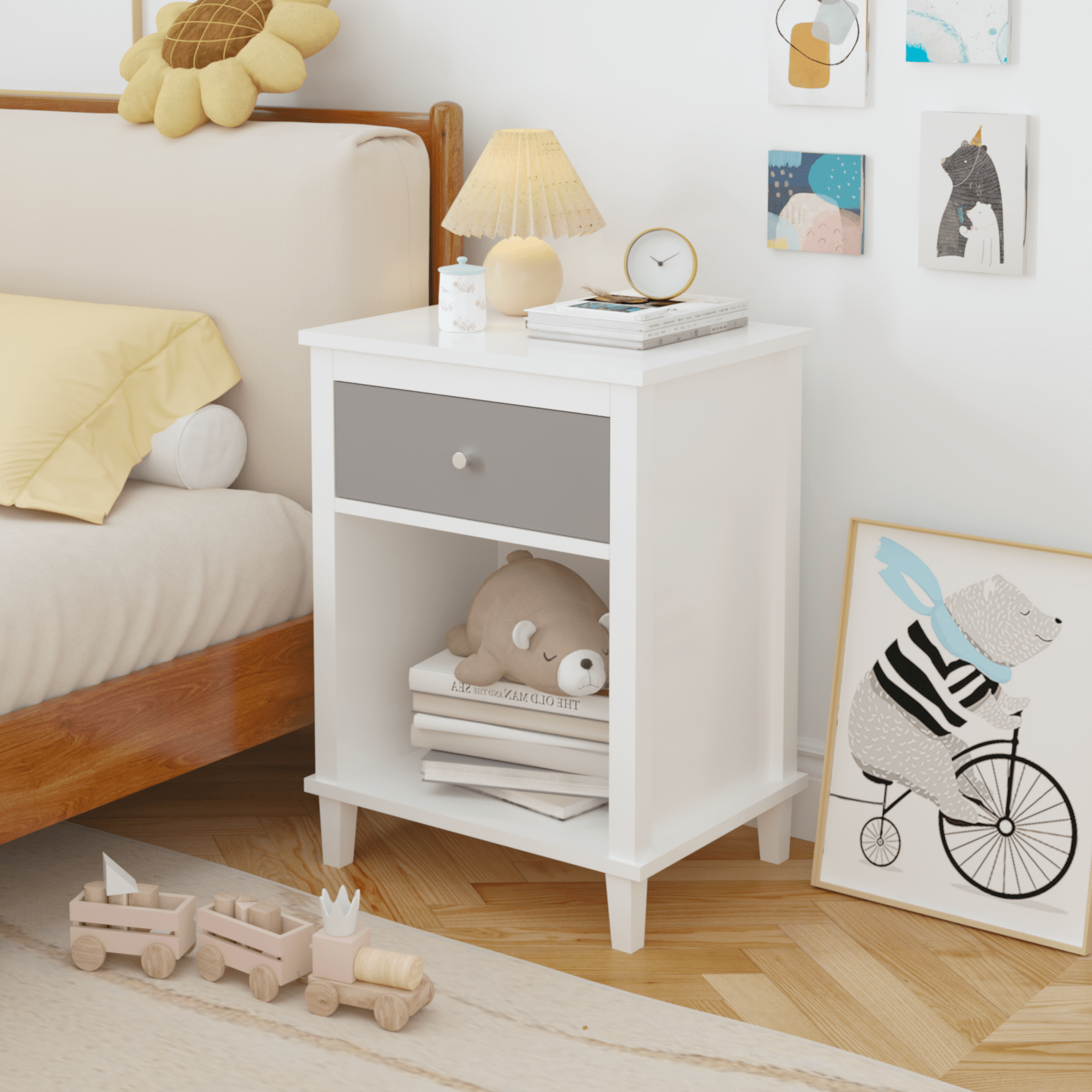 26.77''H Wooden Nightstand with One Drawer One Shelf for Kids, Adults,Gray+Silver handle