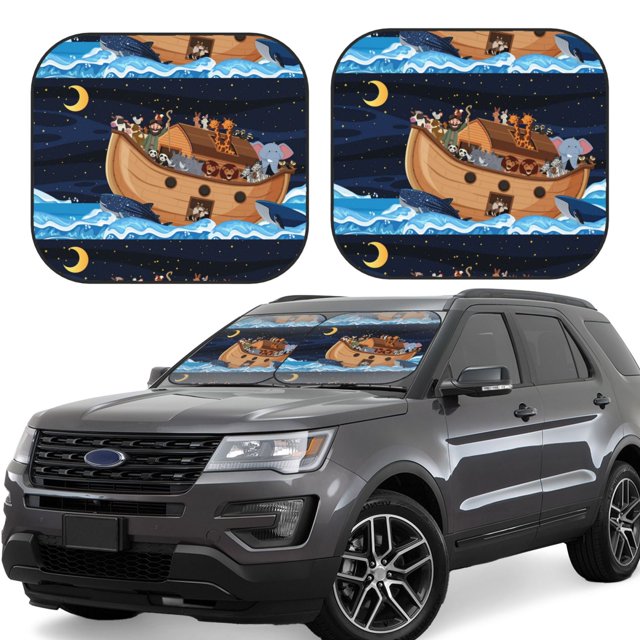 Balery Ocean Scene with Noah's Ark Parasol para parabrisas de coche de 2 piezas | Parasol plegable para parabrisas delantero de coche para la mayoría de sedanes-Large