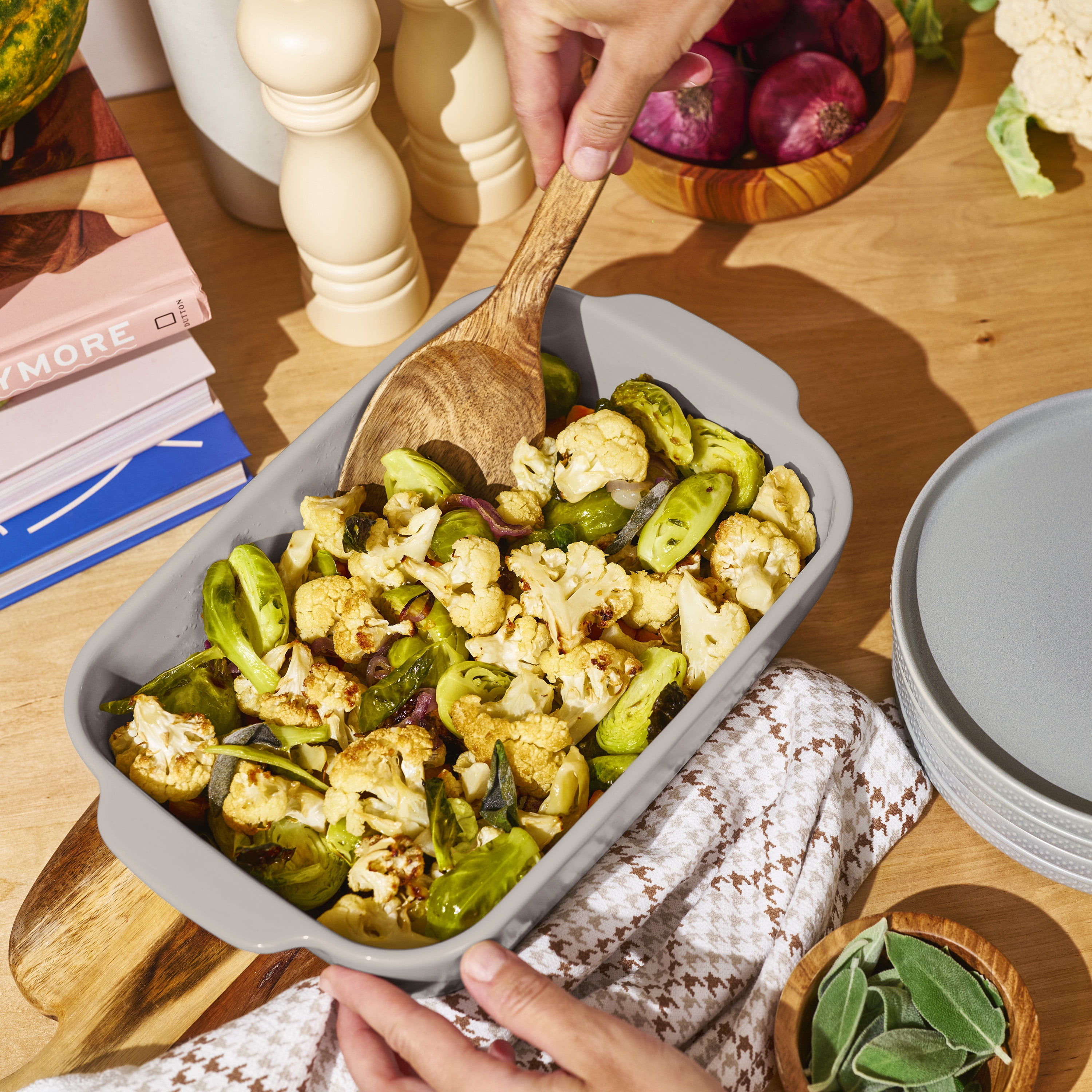 Beautiful 12-Piece Stoneware Bakeware & Kitchen Tools Set, Porcini Taupe by Drew Barrymore