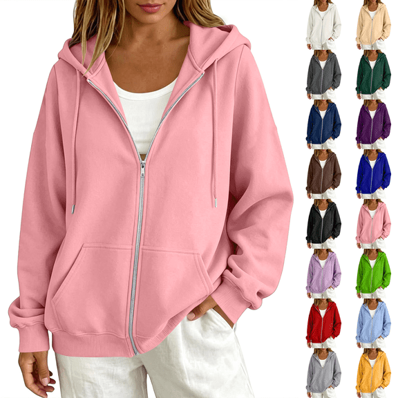 Zip Up Hoodie Women 2026 Y2K Casual Long Sleeve Oversized Hooded Sweatshirts Fall Winter Comfy Jackets with Pockets Pink L
