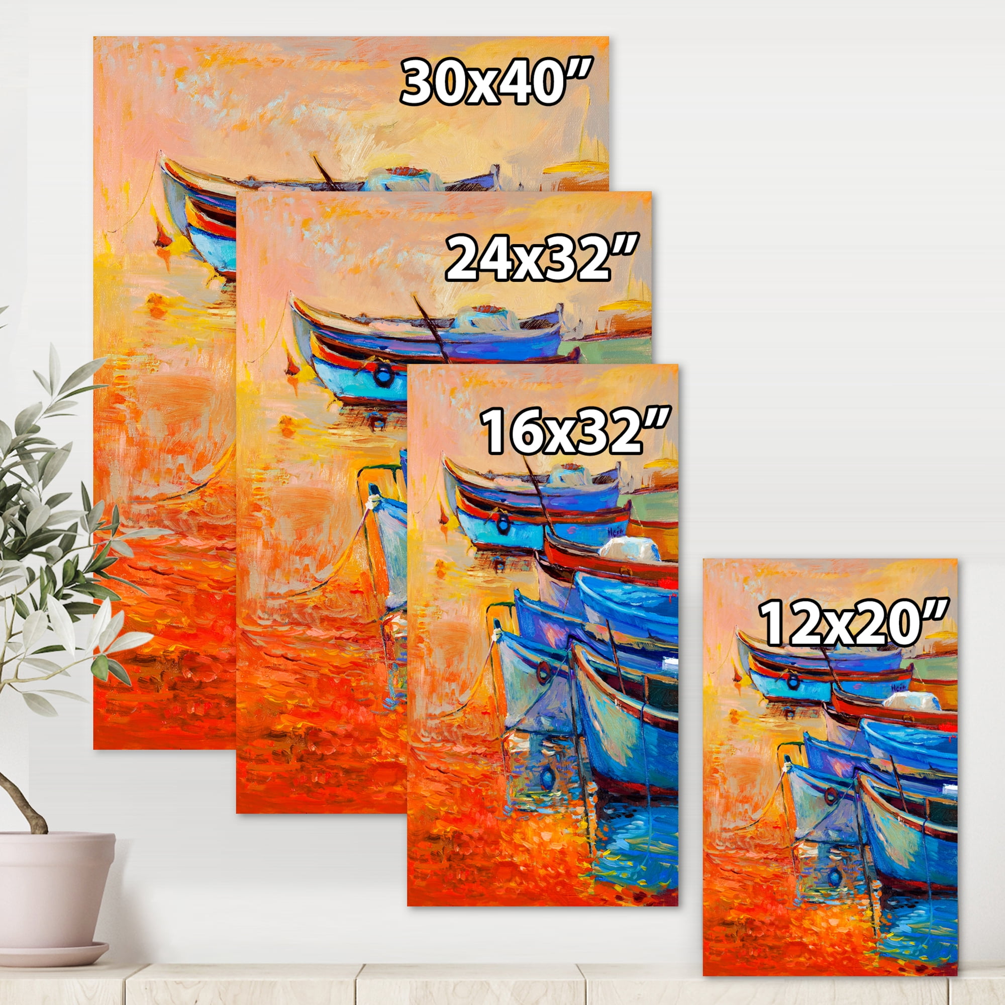 Designart ' Boats During Warm Sunset Resting On The Water VIII ' Nautical & Coastal Canvas Wall Art Print
